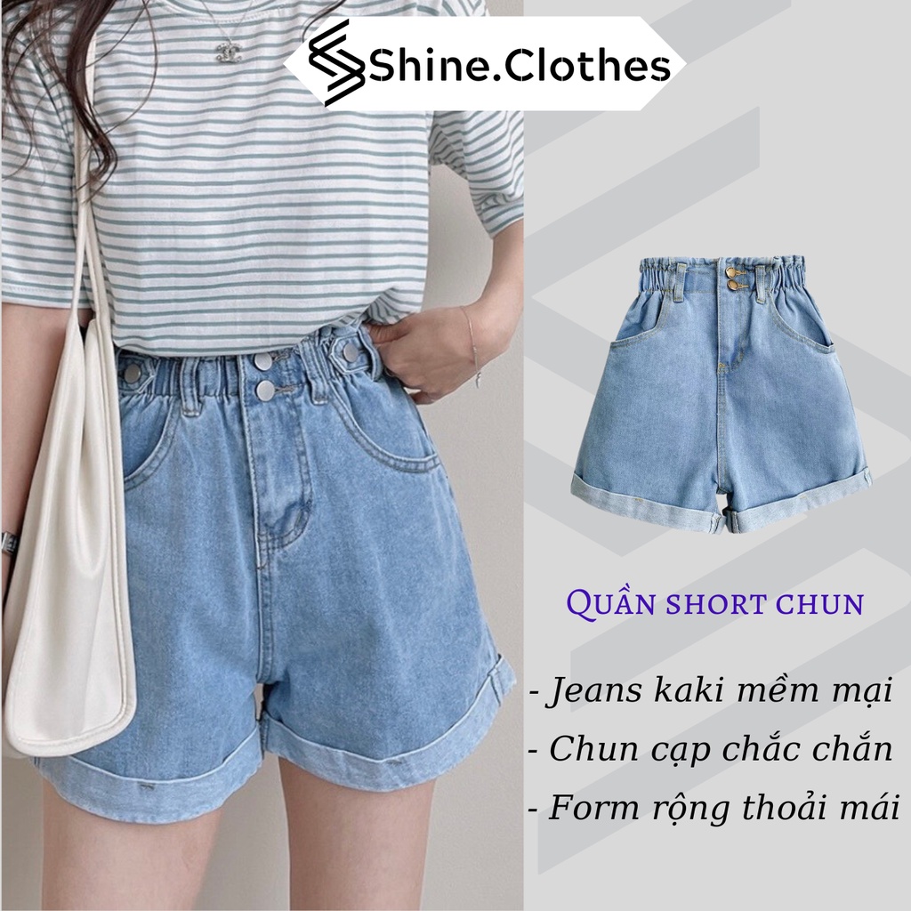 Quần short jeans SHINE CLOTHES bo chun cạp cao , quần đùi nữ cạp chun gấp gấu màu đen trắng