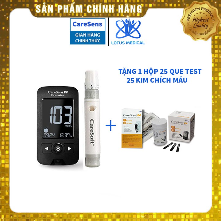 Máy đo đường huyết CARESENS N PREMIER – Máy đo tiểu đường tặng kèm 25 que thử và 25 kim chích