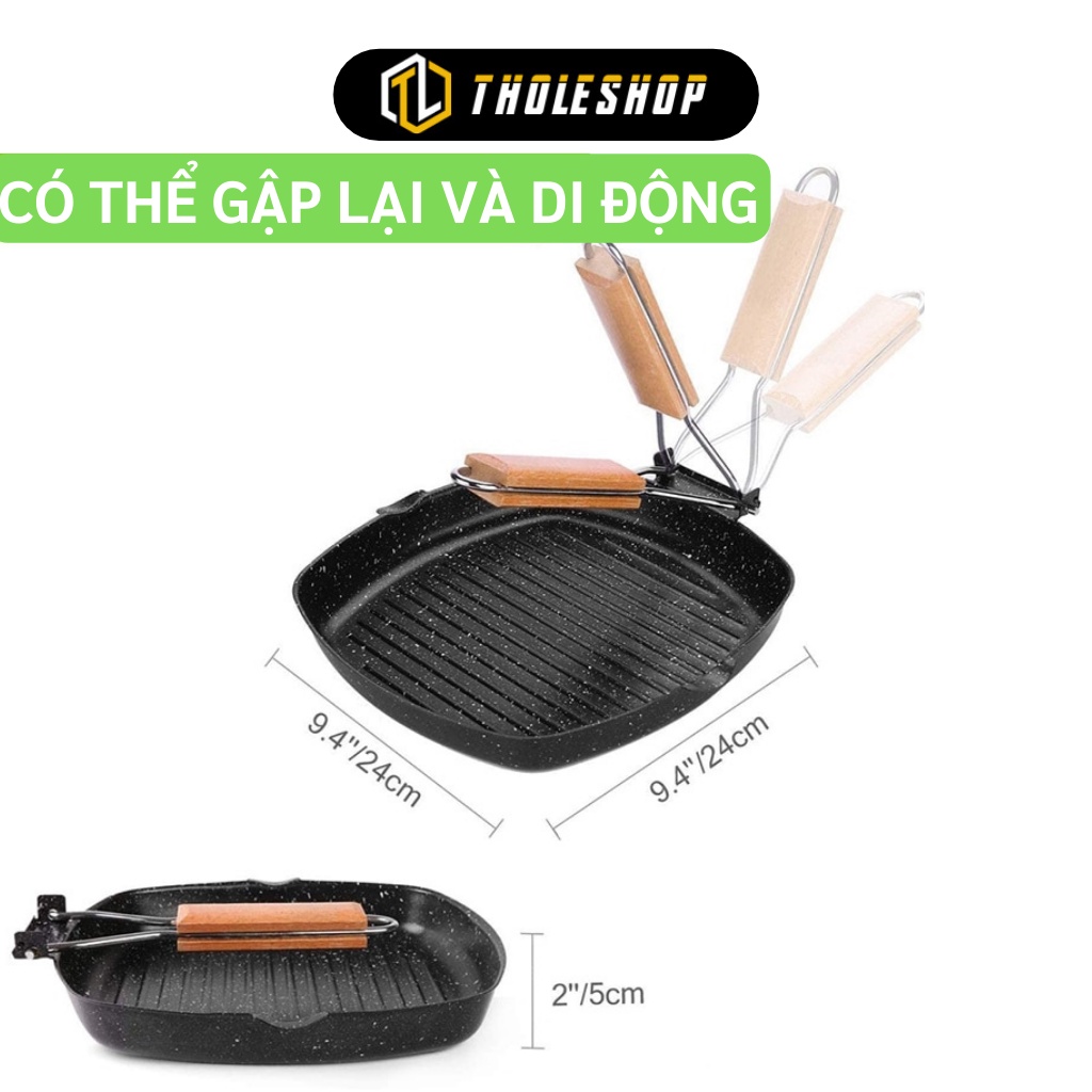 Chảo Chống Dính - Chảo Gang Đúc Tay Cầm Bằng Gỗ Có Thể Gập Lại, Nướng BBQ, Đi Dã Ngoại 10795