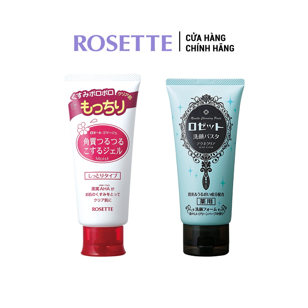 Combo Tẩy Tế Bào Chết Dành Cho Da Khô  Rosette Gommage Moist 120g Và Sữa Rửa Mặt Giảm Mụn Rosette 120g