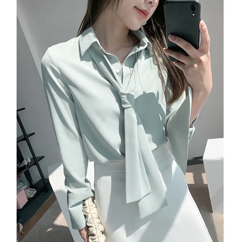 Áo Sơ Mi Dài Tay Thiết Kế Mới Cổ Thắt Nơ Tháo Rời Được Phong Cách Retro Dành Cho Nữ