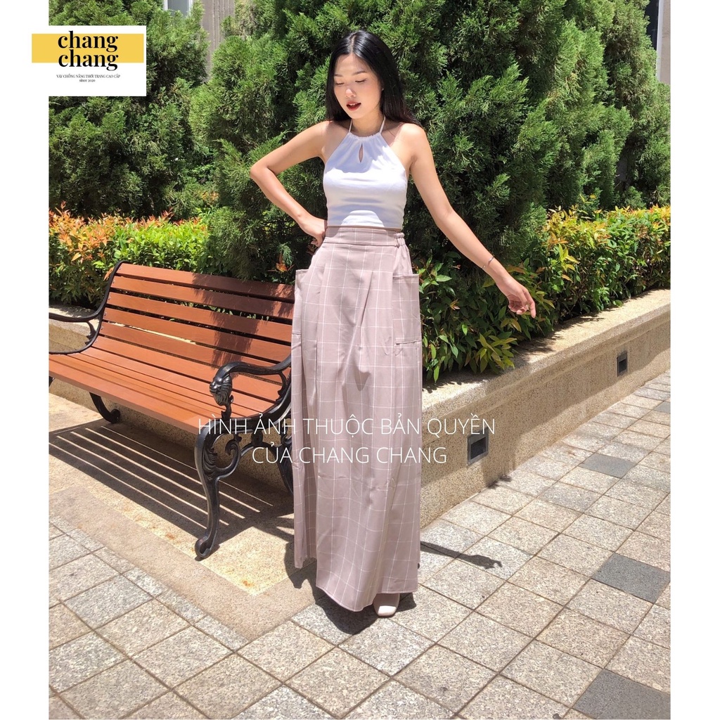 Váy Che Nắng Lưng Thun Cài Nút CHANG CHANG, Quây Che Nắng Thời Trang Nâu Caro Xếp ly