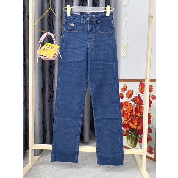 quần jean dài suông ống rộng Quần jeans dãn dáng xuông ống đứng màu xanh