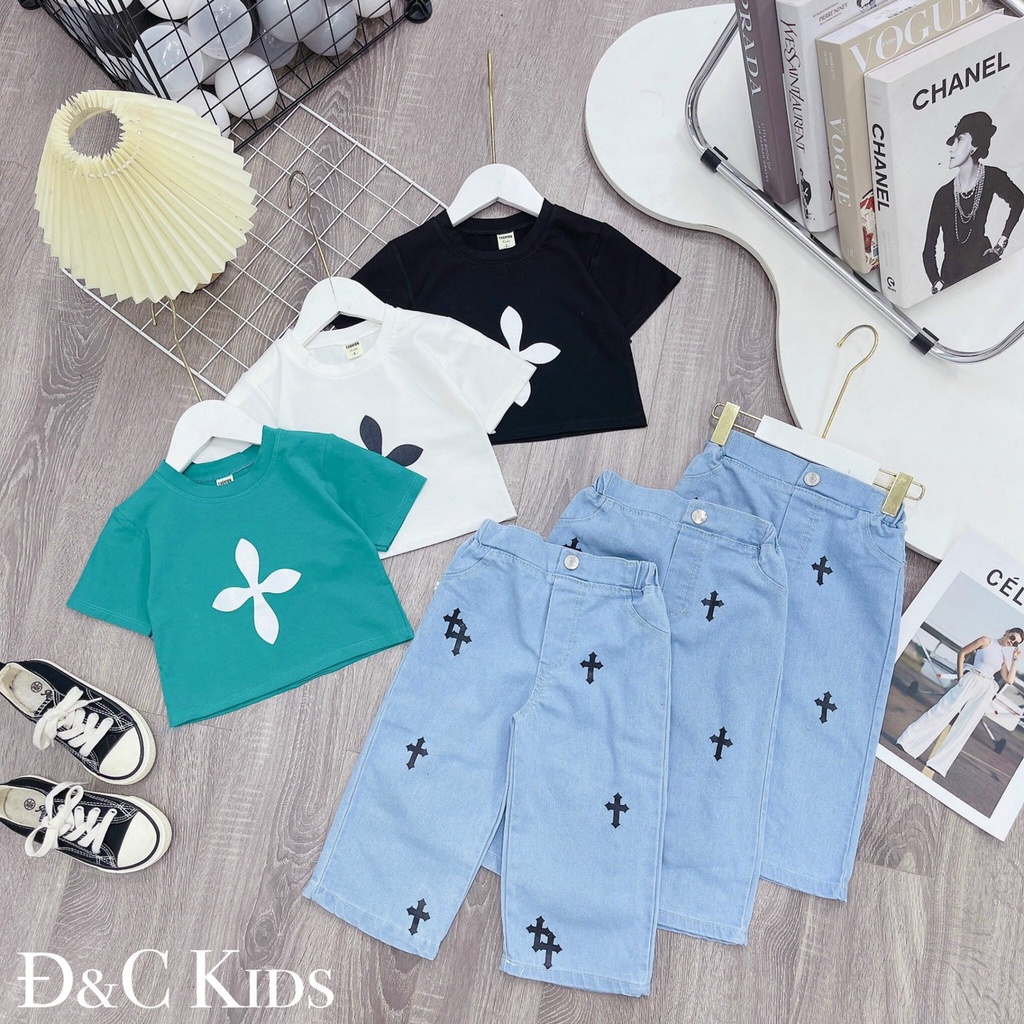Bộ crop top quần bò áo thun cộc tay cho bé gái (10-24kg)
