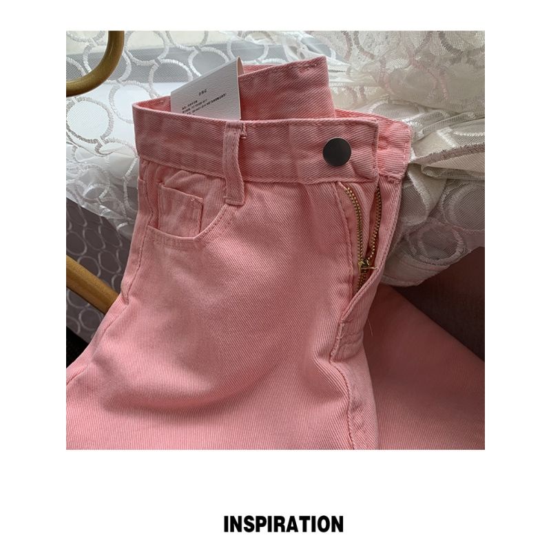 Quần denim màu hồng ống rộng lưng cao phong cách hè thời trang 2021 cho nữ