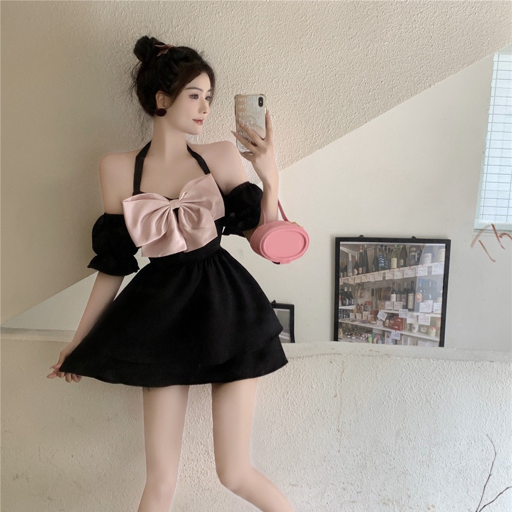 Đầm Trễ Vai Tay Phồng Cổ Thắt Nơ Eo Cao Phong Cách Pháp Ngọt Ngào