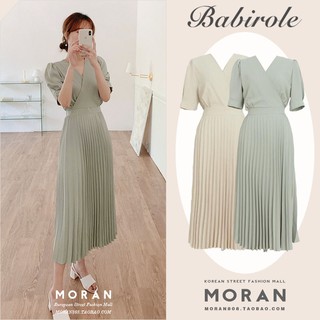 (ORDER) Váy MORAN cộc tay cổ V xòe dài xếp ly midi thon eo sang trọng tiểu thư Hàn Quốc