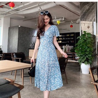 Đầm Nữ Lụa Họa Nhí Xòe Vai Cánh Tiên ( Màu Vàng, Xanh ) Tôn Dánh Sành Điệu - Winchois