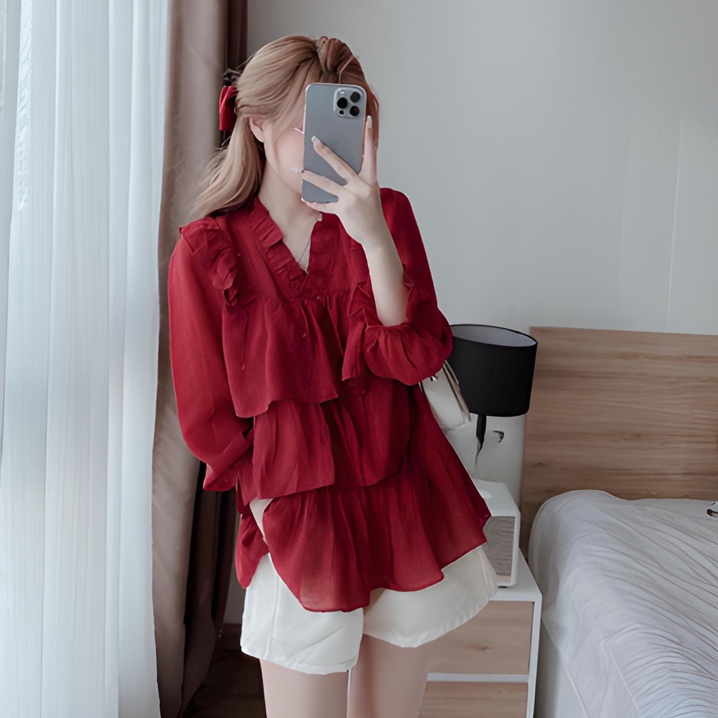 Áo đũi cổ bèo tầng xinh