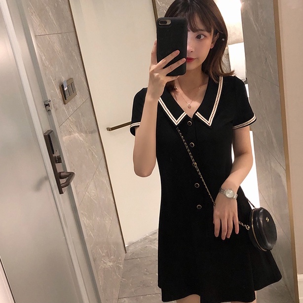 Đầm Cổ Polo Màu Đen Dáng Ôm Thời Trang Mùa Hè Xinh Xắn Cho Nữ
