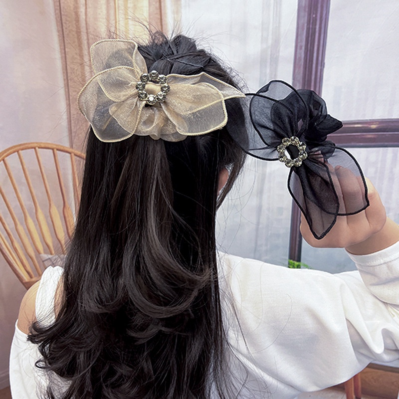 Dây Buộc Tóc Cao Su Co Giãn Bọc Vải Lưới Đính Hoa Sang Trọng Cho Nữ