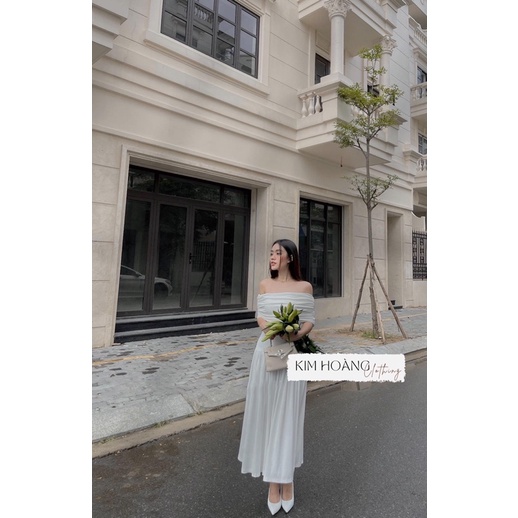 Đầm Trễ Vai Ôm Body Ngắn Tay Nhún Xoè Tiểu Thư