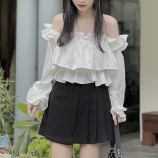 CHÂN VÁY XẾP LY TÀ LỆCH ĐEN (ảnh thật)