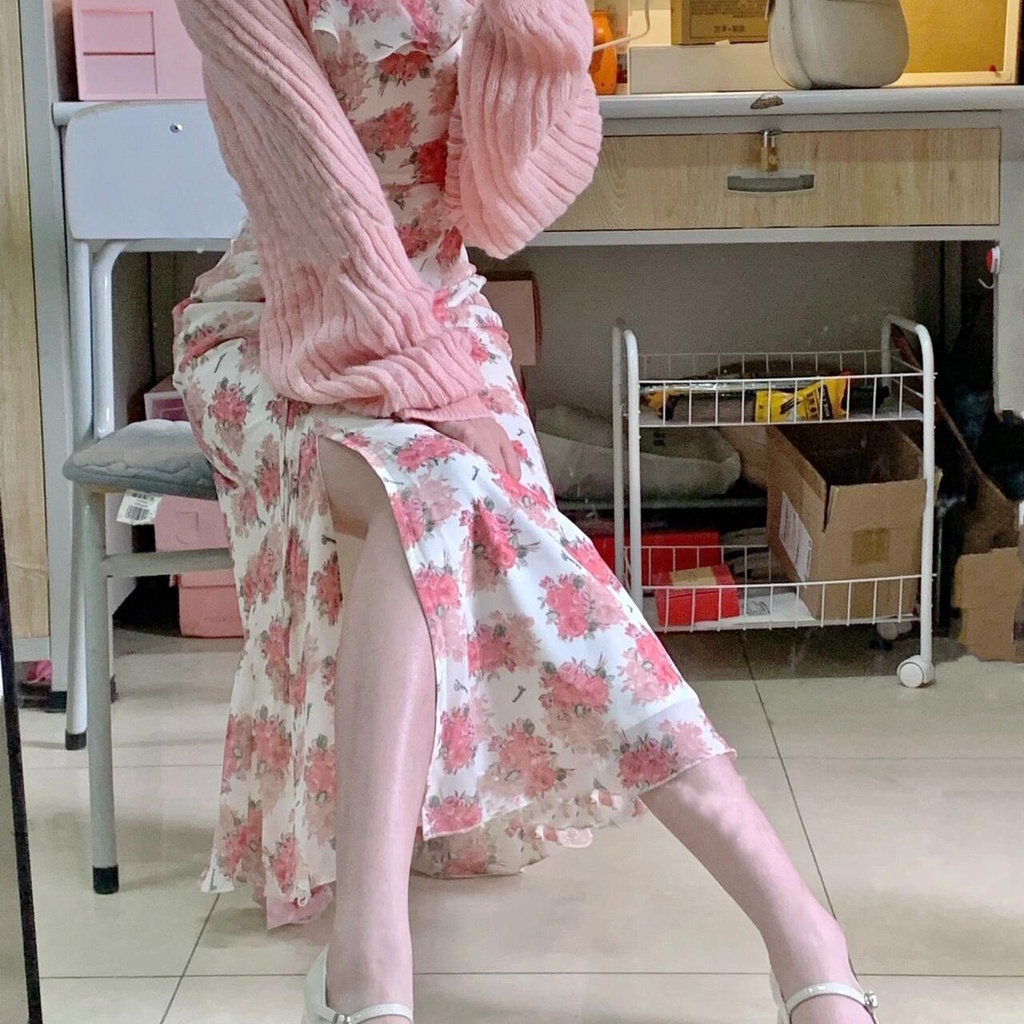 Đầm Dệt Kim Tay Dài Phối Khăn Choàng Cổ Thời Trang Cho Nữ