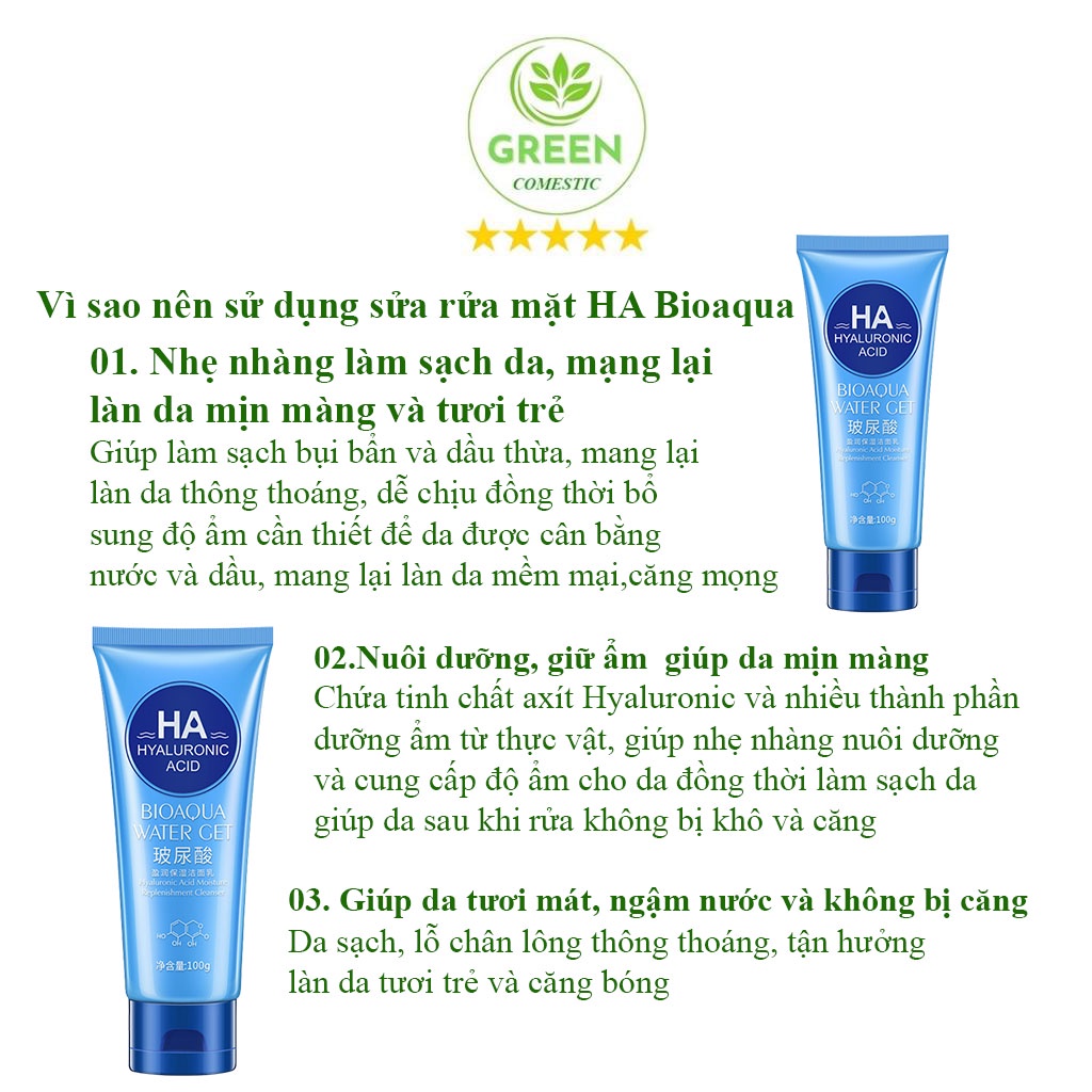 Sữa rửa mặt dịu nhẹ HA Bioaqua giảm mụn mờ thâm sạch sâu nội địa trung Green Comestic