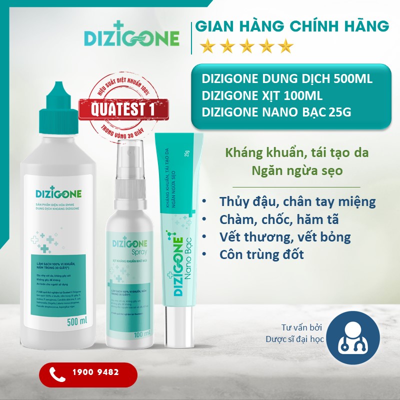 [BỘ BA] Dung Dịch Dizigone 500ml &amp; Xịt Dizigone Spray &amp; Kem Bôi Dizigone Nano Bạc - Kháng Khuẩn, Tái Tạo Da, Ngừa Sẹo