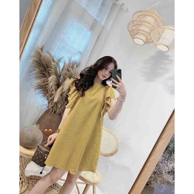 Đầm tay bèo công sở chất lụa xốp hàn Váy cổ tròn dáng suông hàng qc cao cấp