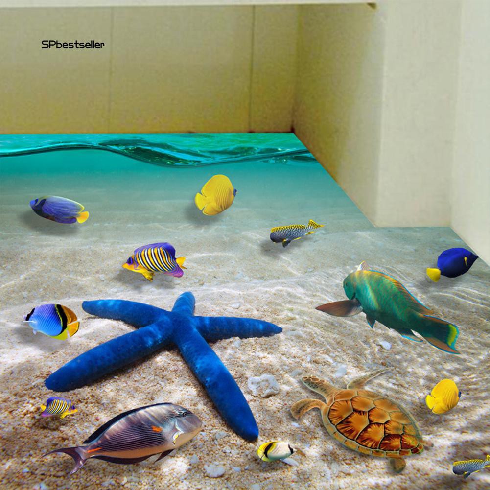 Miếng dán trang trí tường/sàn nhà hình đáy biển 3D có sinh vật biển chất liệu PVC kích thước 60x90cm