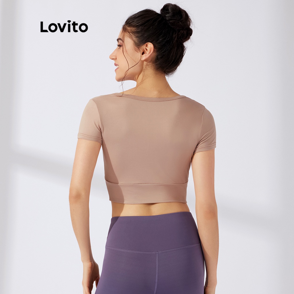 Áo thun thể thao Lovito màu trơn dạng ngắn xoắn vải cắt xẻ L23AD015 (màu hồng)