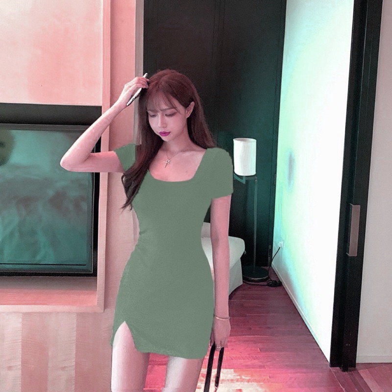 Đầm body,đầm cổ vuông tay ngắn chất thun bo zip mịn mát , co giãn -2 màu đen,xanh