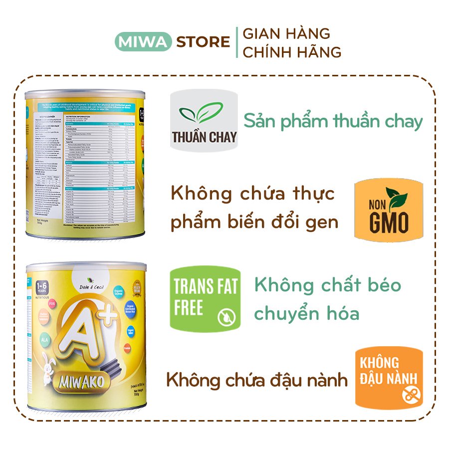 Sữa hạt Miwako A+ Vị Vani Hộp 700gr Sữa Thực Vật Hữu Cơ  Cho Trẻ Phát Triển Tư Duy - Hộp 700g - Miwa Store