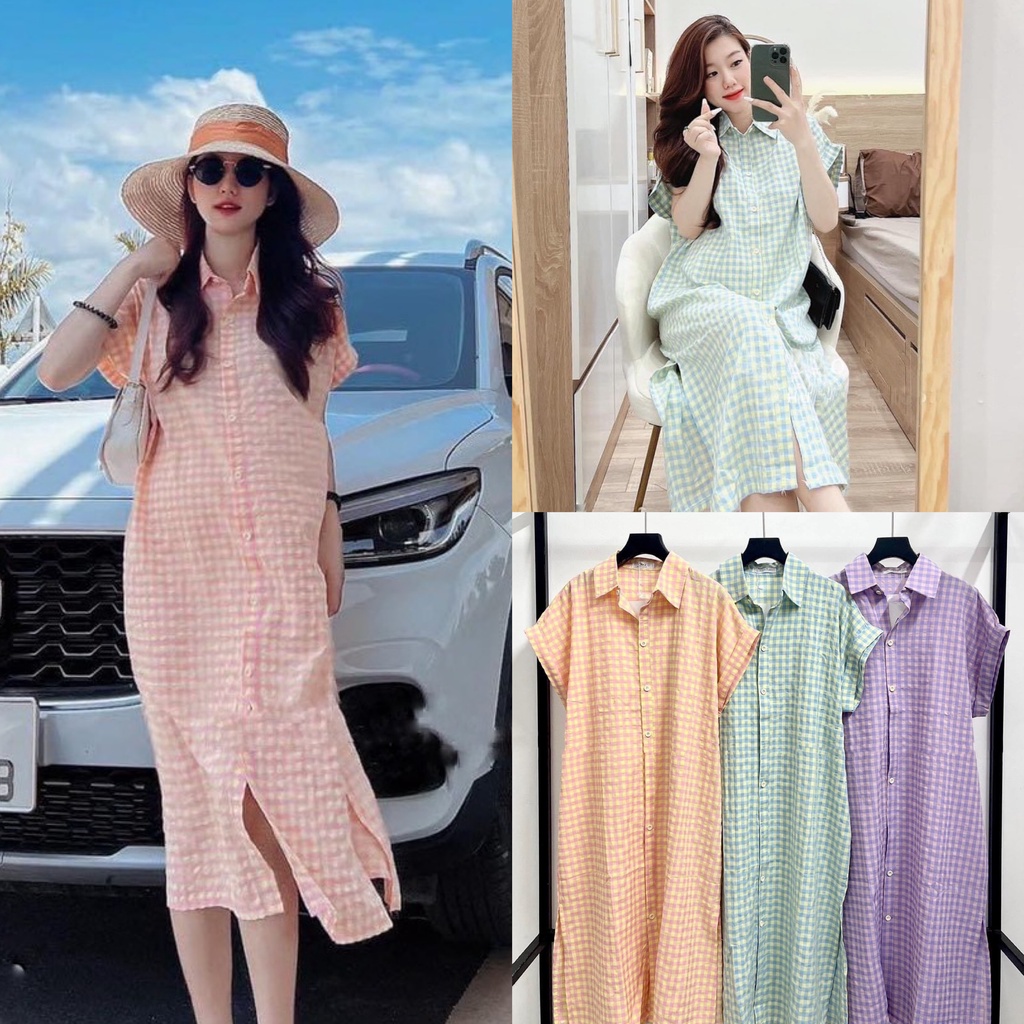 : Váy xốp kẻ ô dáng suông sơ mi basic đủ màu kèm ảnh thật