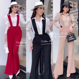 Set áo sơmi tay dài phồng + quần dài yếm ống loe