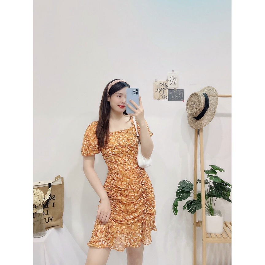 Đầm hoa nhí body đuôi cá, Váy hoa nhí công sở Cao Cấp nhún eo nữ tính quyến rũ, mặc đi chơi đi tiệc - MiNhi