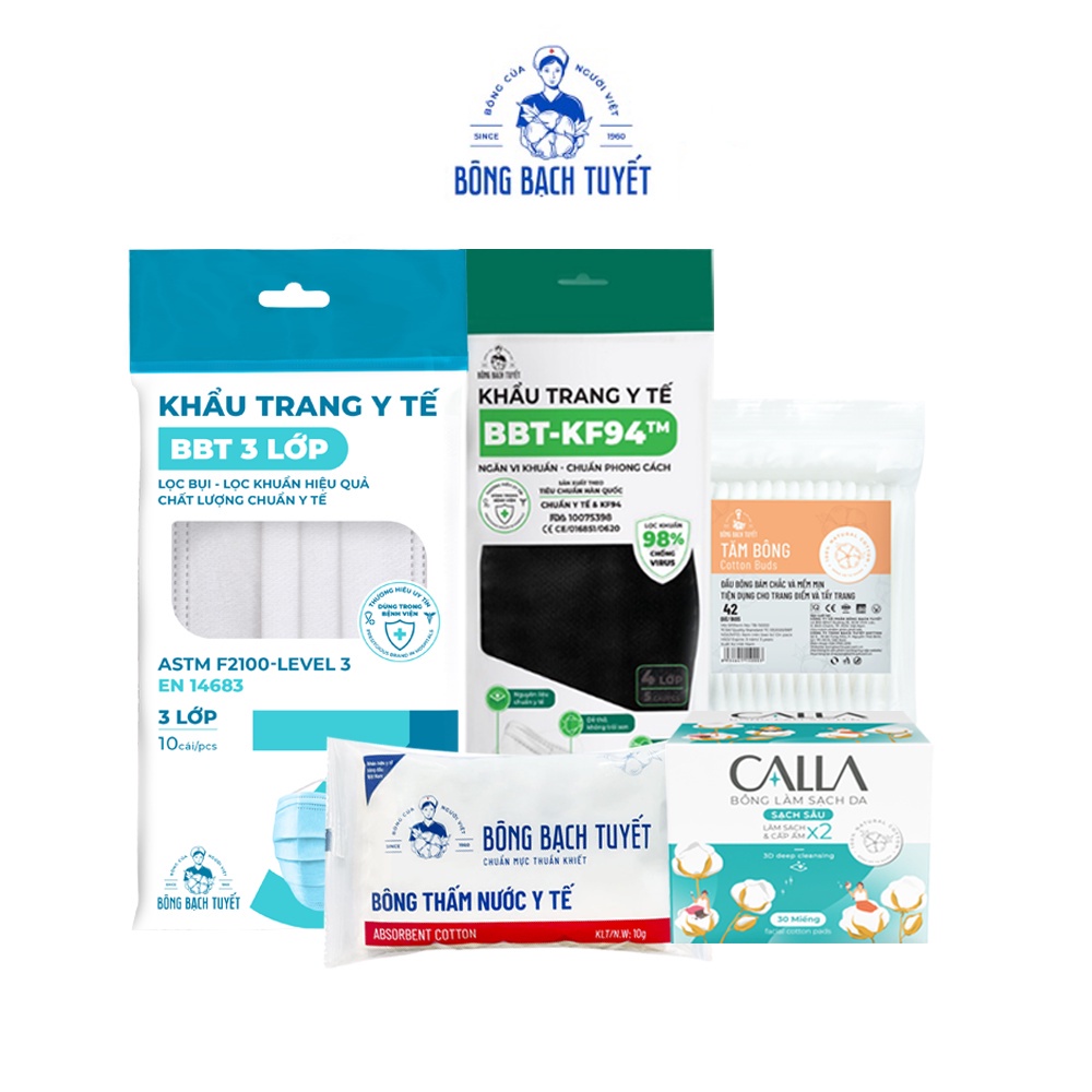 Combo 5 món Bông Bạch Tuyết: KT BBT 3 Lớp Trắng + KT KF94 Đen + Tăm bông người lớn + Bông y tế 5Gr + Calla 30M