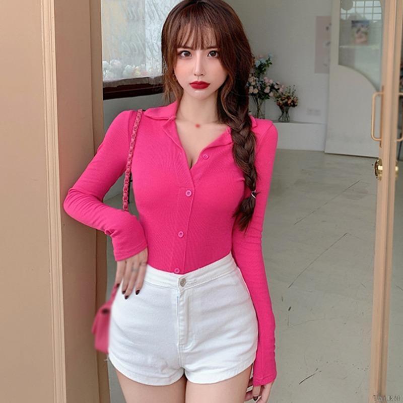 Áo Thun Nữ Dài Tay Màu Trơn Gợi Cảm Kiểu Hàn Quốc