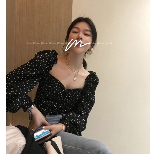 QADCOL   Áo Croptop Tay Dài Cổ Vuông In Họa Tiết Hoa Phong Cách Cổ Điển Thời Trang Cho Nữ