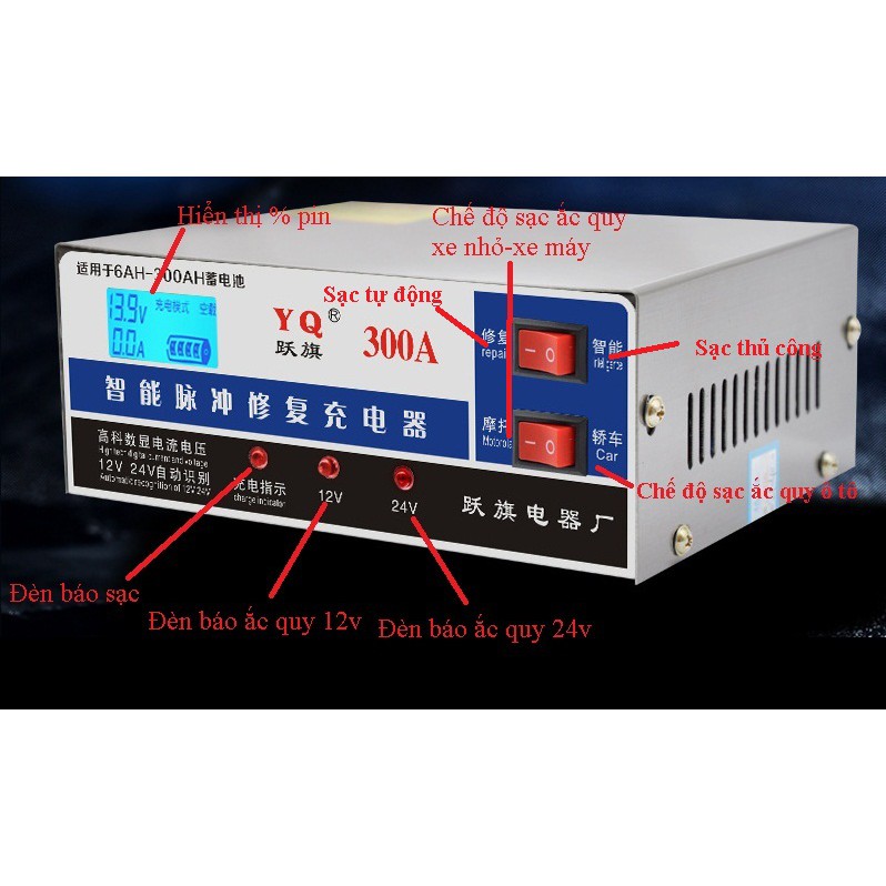 MÁY SẠC BÌNH ACQUY 12V 24V 300AH YQ-300A CÓ KHỬ SUNFAT,PHỤC HỒI BÌNH