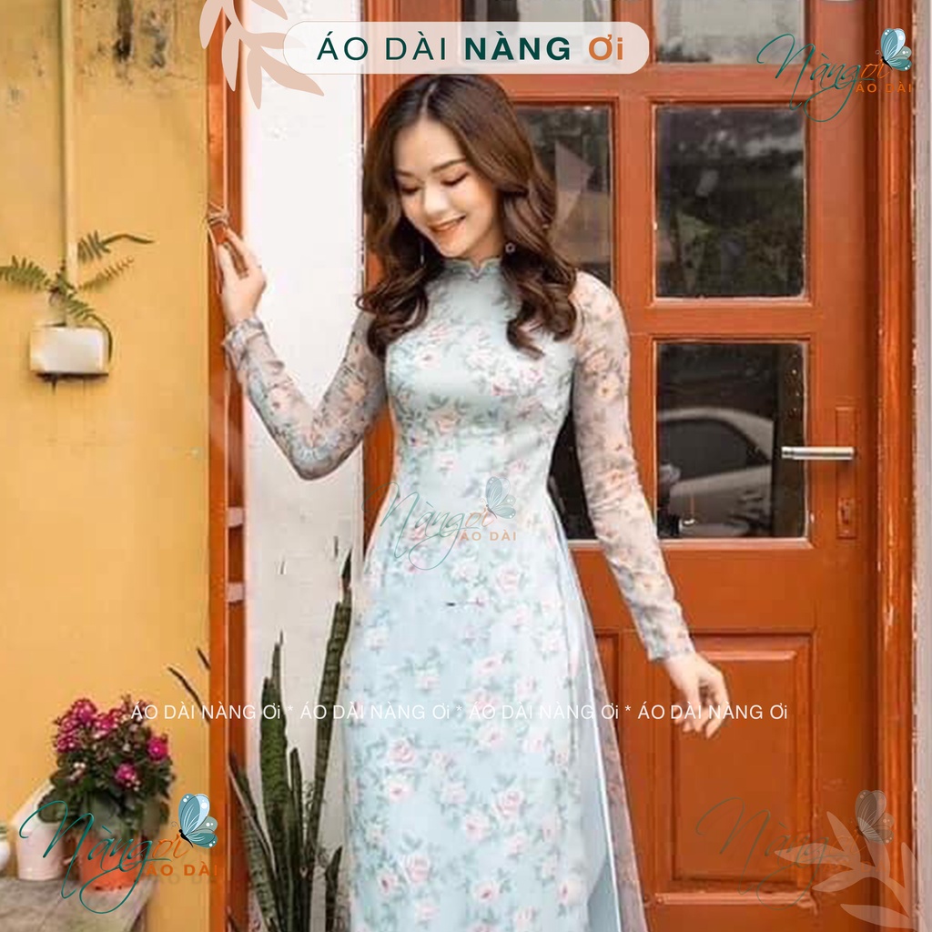 Áo Dài Hoa Nhí 4 Tà Xanh Hoa Hồng Truyền Thống Lụa Tơ Hoa Đẹp