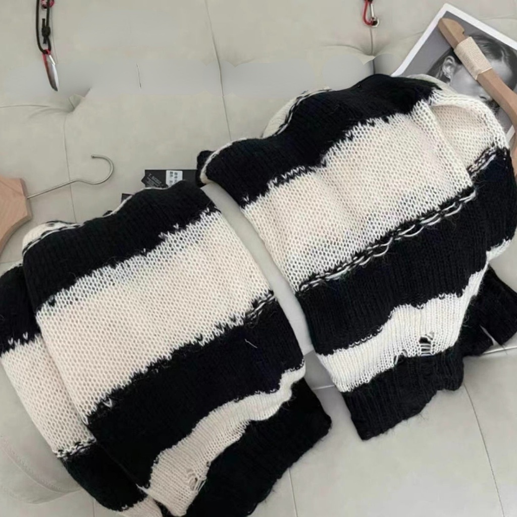 Áo sweater dệt kim tay dài dáng rộng kẻ sọc thời trang mùa thu mới 2021