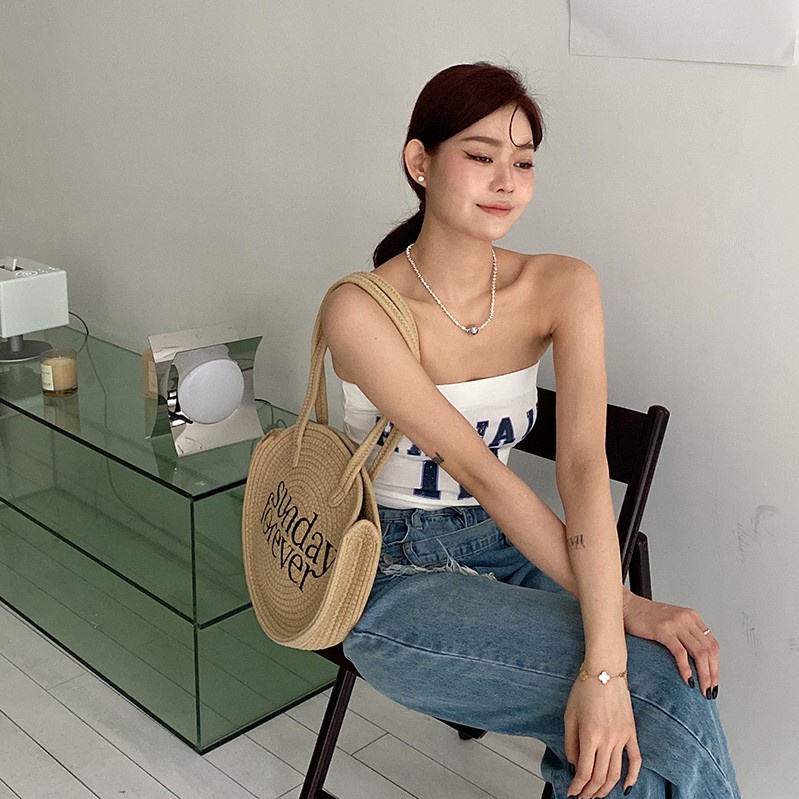 Túi cói tròn thêu chữ xinh xắn phong cách retro cao cấp sang chảnh độc lạ