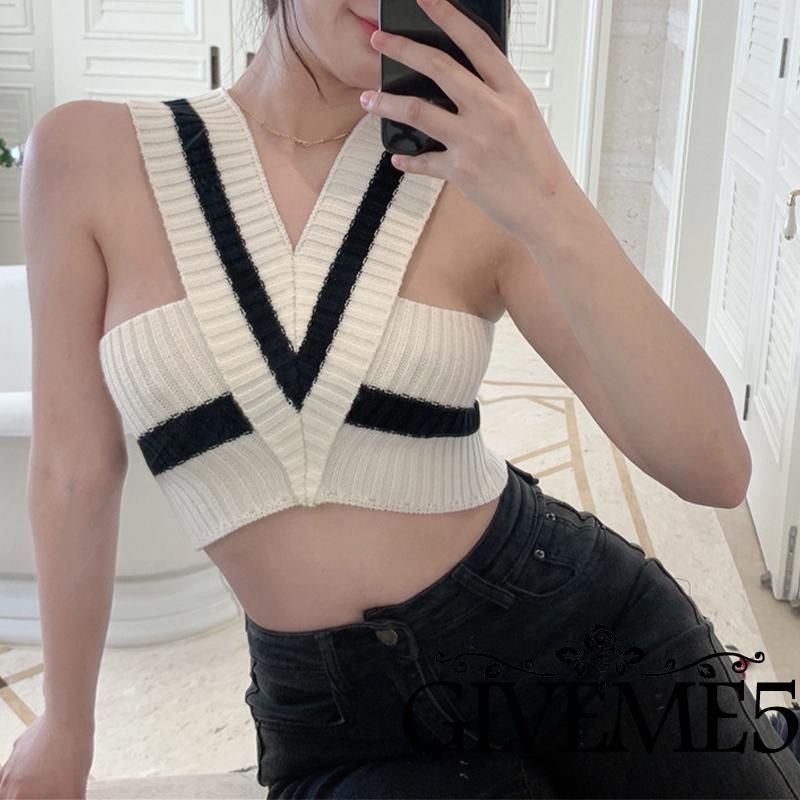 Áo Croptop Dệt Kim Sát Nách Cổ Chữ V Màu Sắc Tương Phản Thời Trang Mùa Hè Cho Nữ