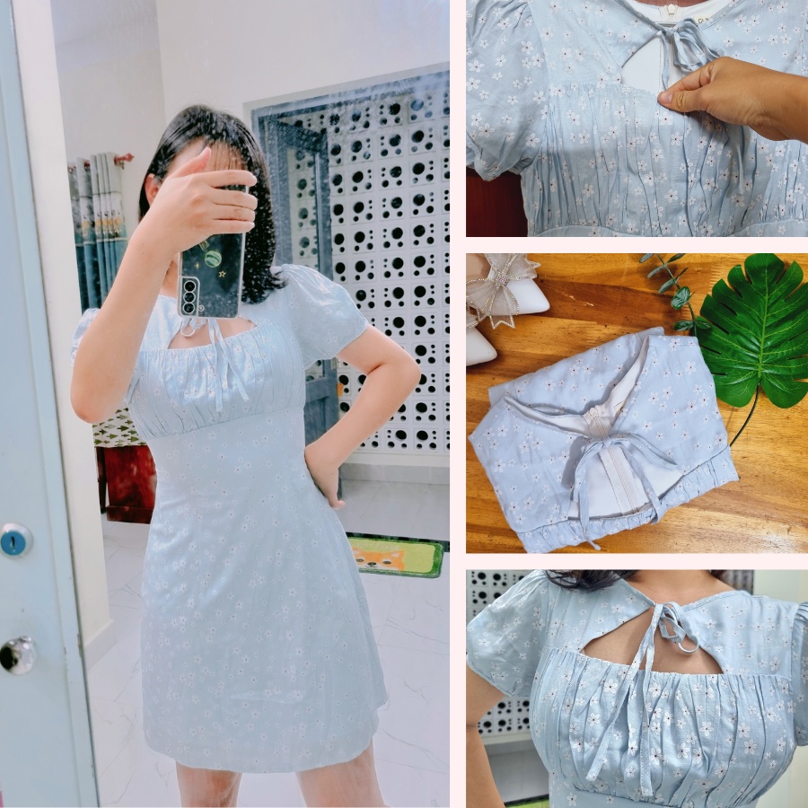 _Đầm bo ngực hoa nhí xanh tay bồng GUMAC size M