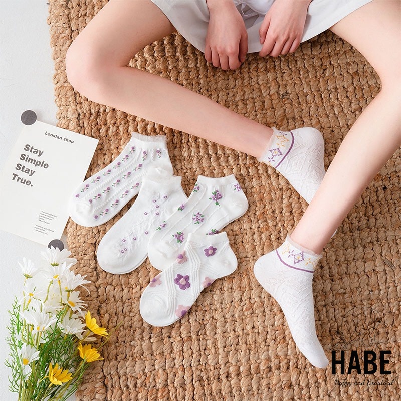 Set 5 đôi tất vớ nữ vintage cổ ngắn cotton Hàn Quốc thông hơi khử mùi hoạ tiết dễ thương HABE TV04