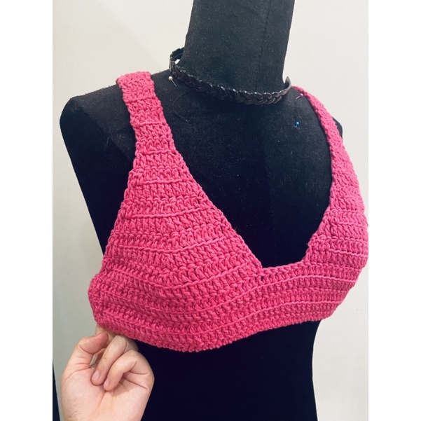 Áo bralette len móc handmade hồng cánh sen