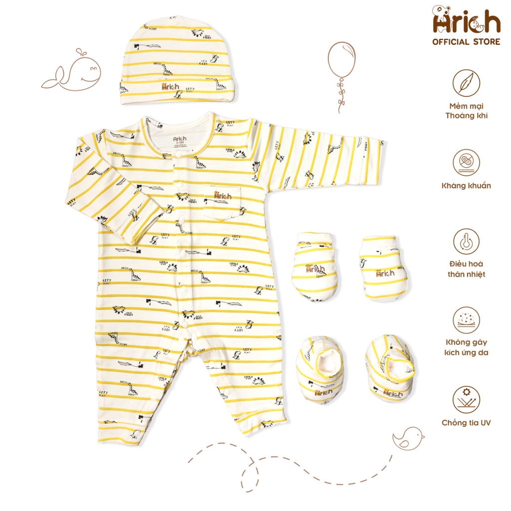 Set Body sơ sinh gồm mũ và bao tay bao chân cho bé Arich (size sơ sinh đến 6 tháng)
