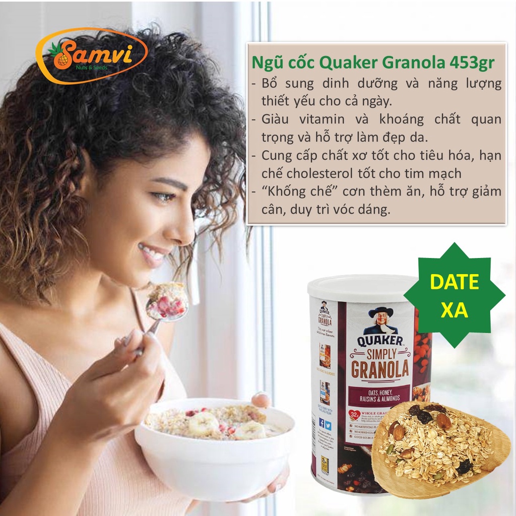 NGŨ CỐC GRANOLA ÔNG GIÀ QUAKER SIMPLY GRANOLA 453GR - Ngũ cốc ăn kiêng Mỹ, ăn liền thơm ngon, mix 4 loại hạt và mật ong