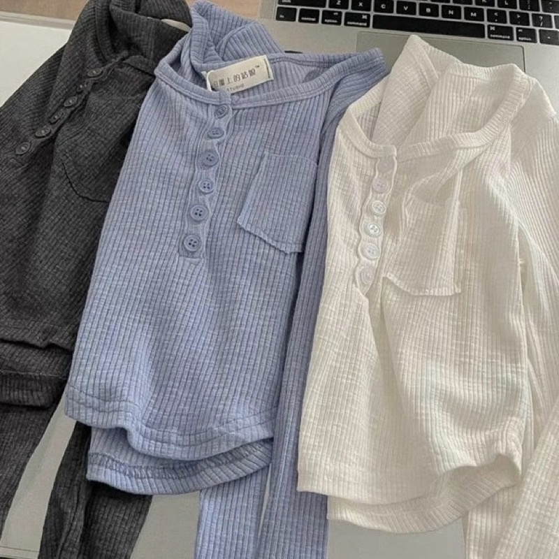 ÁO THUN GÂN TAY DÀI TÚI NÚT CÀI Chizi Shop