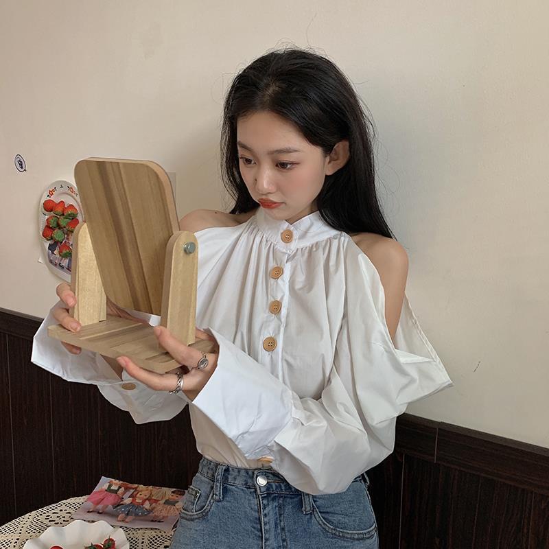 Áo sơ mi trắng dài tay trễ vai thời trang cho nữ