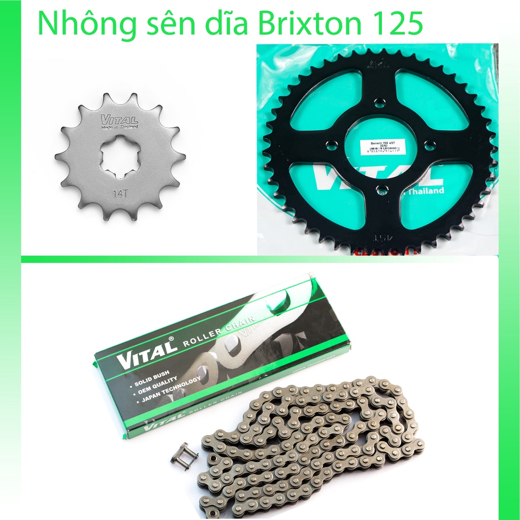 Nhông sên dĩa Brixton 125, Brixton 150 sên 9 ly hiệu VITAL- NSD, xích đĩa tải chính hãng Thái Lan
