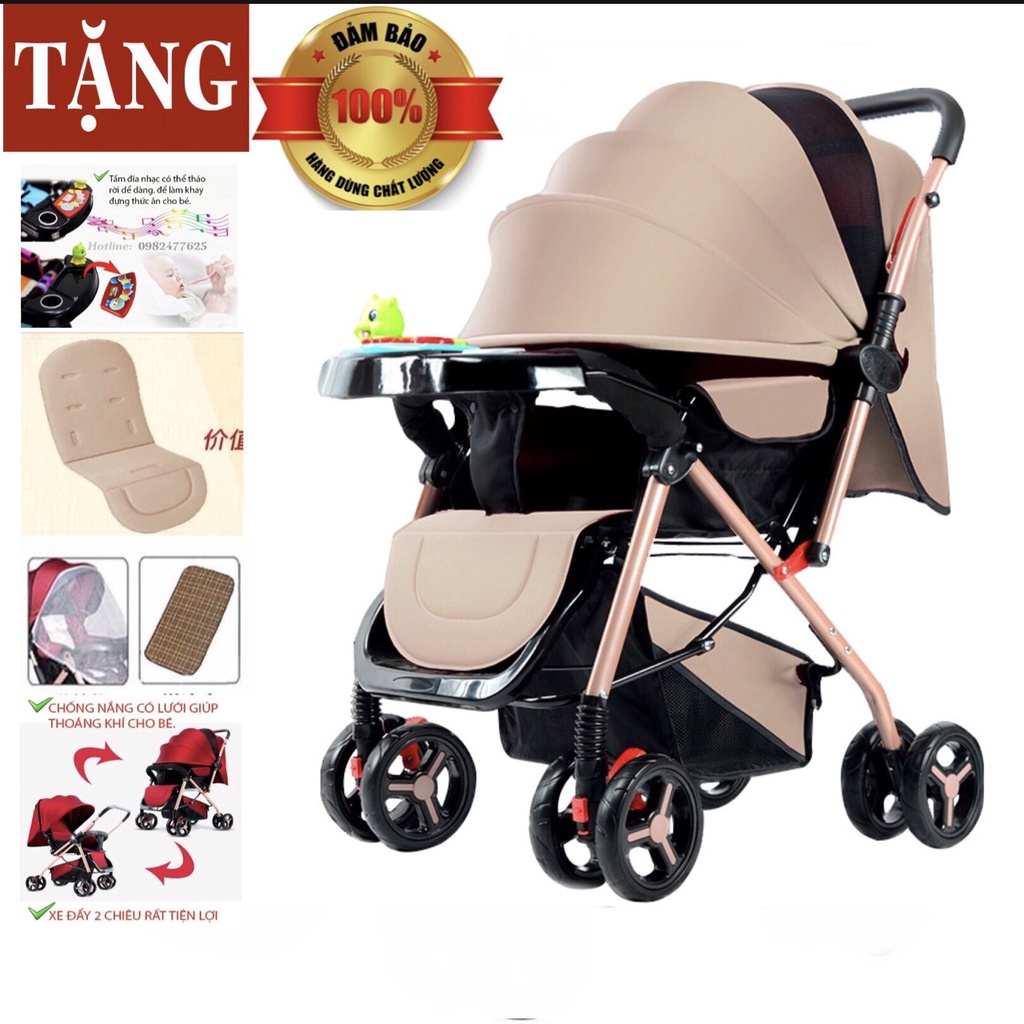 Xe đẩy em bé sơ sinh gấp gọn 2 chiều 3 tư thế ngồi có nhạc tặng quà