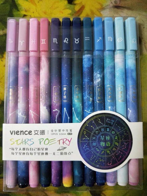 Set 12 bút viết bi nước 12 cung hoàng đạo kèm 20 ruột bút mực đen bút học sinh viên văn phòng dễ thương mực đều nét đẹp