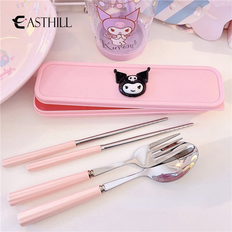 Bộ Muỗng Nĩa Đũa Bằng Sứ Và Inox In Hình Cinnamoroll Kuromi Dễ Thương