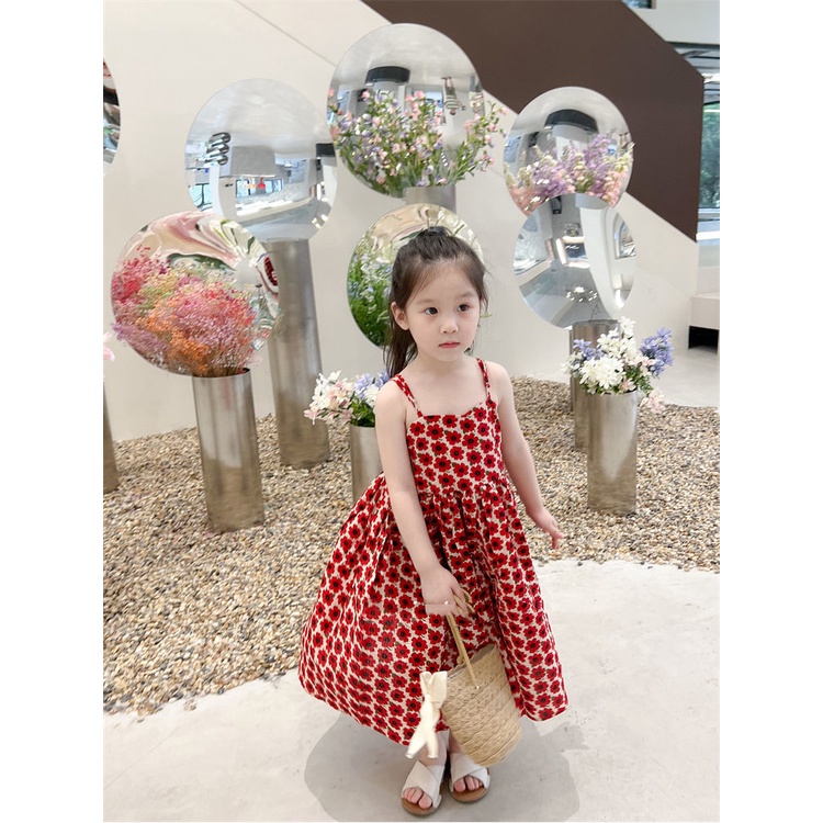 Đầm Mùa Hè Tay Cộc In Họa Tiết Hoa Đỏ Phong Cách Hàn Quốc Hợp Thời Trang Cho Bé Gái 5 Tuổi