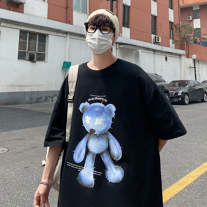 Áo thun tay ngắn cổ tròn dáng rộng in họa tiết gấu phong cách cá tính Hàn Quốc thời trang đường phố cho nam size S-8XL