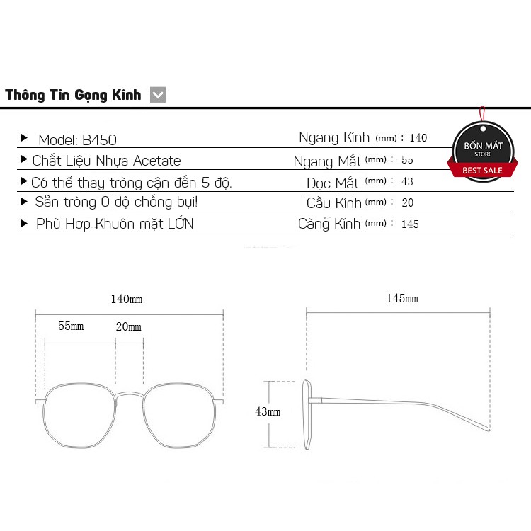 Gọng Kính Cận Nhựa Acetate Form Vuông Lớn B450